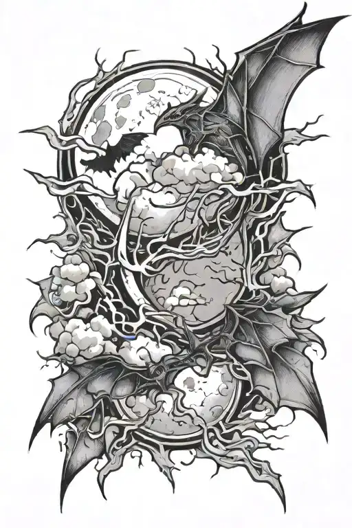 Lightning and Bats moon smoke crack tattoo design idea