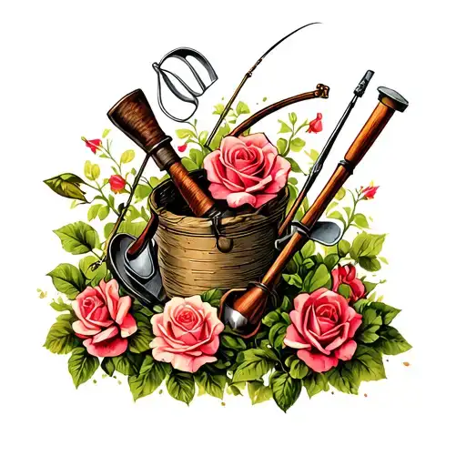 A serene garden scene with vintage gardening tools and fishing equipment intertwined with roses, capturing the essence of simpler times and old-world charm tattoo design idea
