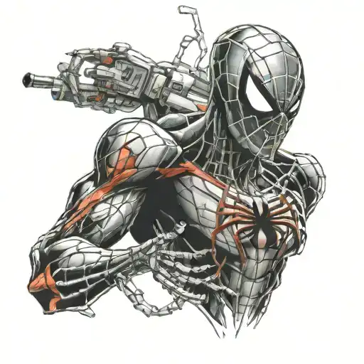 Spiderman in a futuristic robotic suit smoking skeleton man tattoo design idea