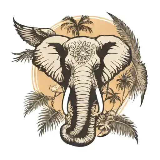 an elephant's head, wings, two slightly larger palm trees, shadows of two brothers and one sister  tattoo design idea