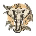 an elephant's head, wings, two slightly larger palm trees, shadows of two brothers and one sister  tattoo design idea