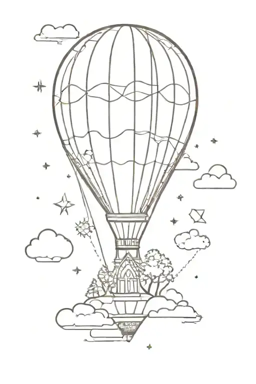 geometric hot air balloon with tree on balloon tattoo design idea