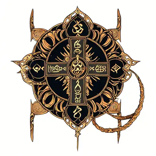 The 8 Tibetan symbols combined with a cross tattoo design idea