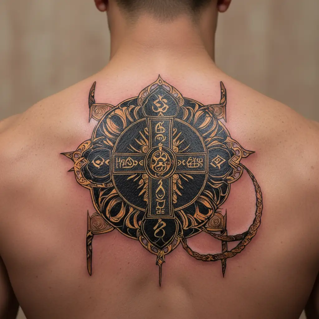 The 8 Tibetan symbols combined with a cross tattoo design idea