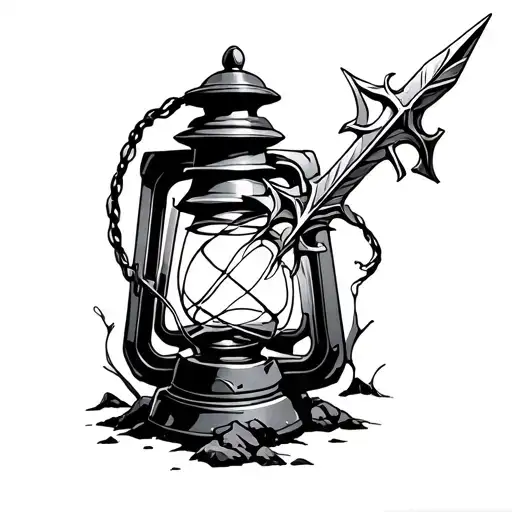 lantern with Excalibur stuck in rock in the center of lantern  tattoo design idea