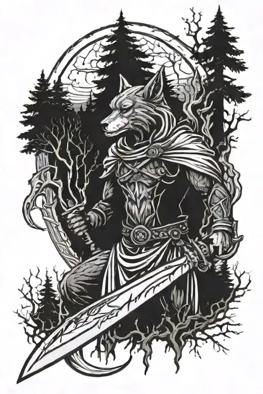 Azrael holding a sickle, with a picture of a wolf below it, and a forest and lightning in the background. tattoo design idea