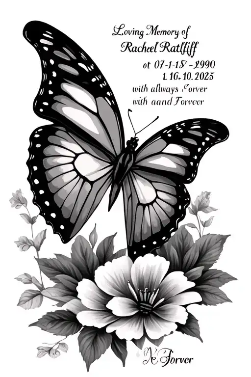  in loving memory of rachel ratliff 07-16-1990 to 10-05-2025 with always and forever with a butterfly  tattoo design idea