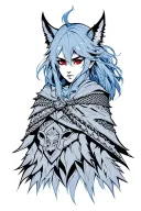Anime-style Slavic warrior goddess, silver-blue hair with chainmail strands, burning red eyes, wolfskin cloak transformi tattoo design idea