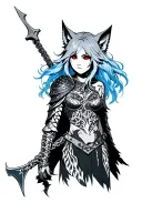 Anime-style Slavic warrior goddess, silver-blue hair with chainmail strands, burning red eyes, wolfskin cloak transformi tattoo design idea