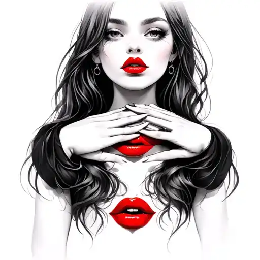 Girl with red lips hands covers her chest tattoo design idea