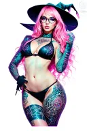 Sexy witch, petite, big boobs, wide hips, bikini . pink hair,sexual. Seductive. Full Body including arms. glasses tattoo design idea