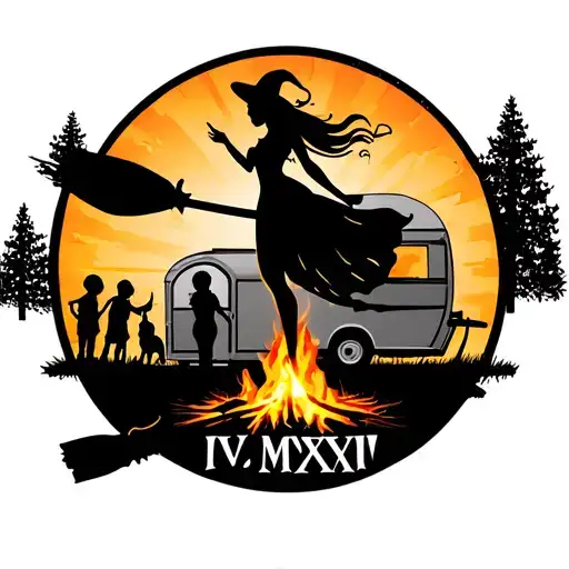"IV V MMXIV" "IV V MMXIV" silhouette of busty sexy witch bride on broomstick over a campsite with a trailer and campfire with children & dog tattoo design idea