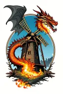 don quixote windmill dragon breathing fire tattoo design idea