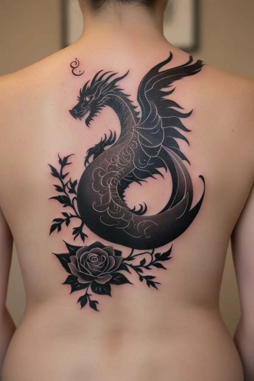 simple dragon or phoenix, upside down moon, rose, buddhism, protection, rebirth, renewal tattoo design idea