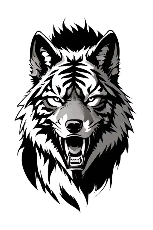 wolf face with tiger anger eyes looking tattoo design idea