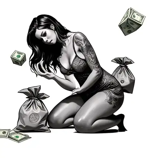 girl wearing nightie kneeling as she tossed a pair of dice.she is surrounded by stacks of cash and money bags tattoo design idea