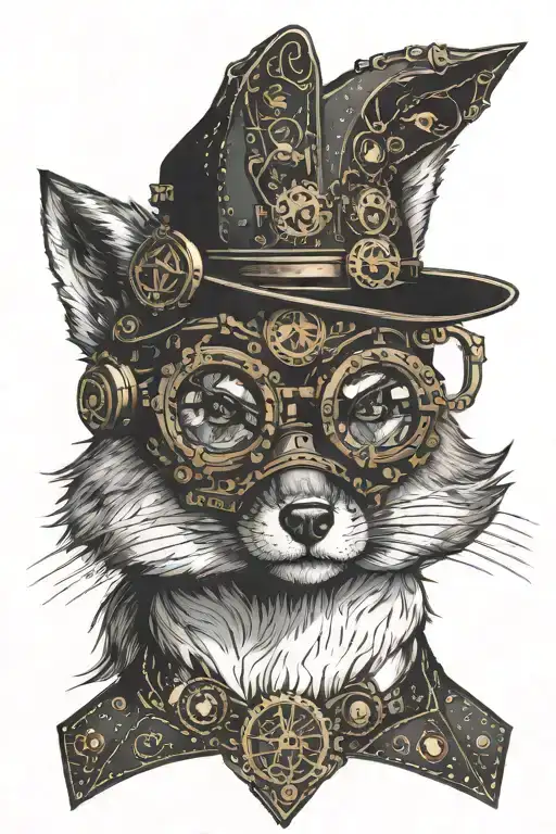 STEAMPUNK FOX WITH GOGGLES TATTOO SOLID BLACK WORK LINE WORK SIMPLE LINES WITH SMALL AMOUNT OF SHADING tattoo design idea