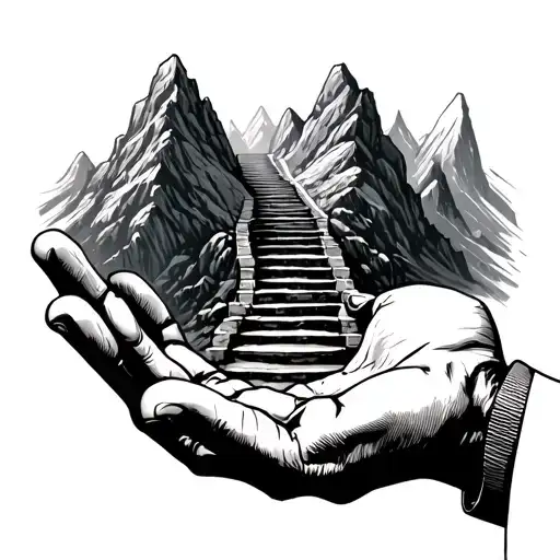 An open hand that holds the stairs engraving in a mountain. A man barely distinguishes the stairs. tattoo design idea