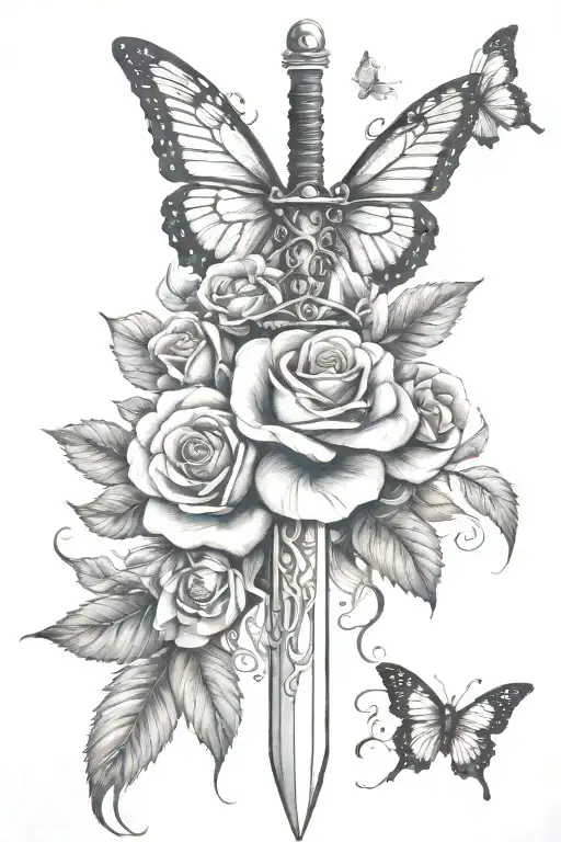 feminine sword with roses and butterflies  tattoo design idea