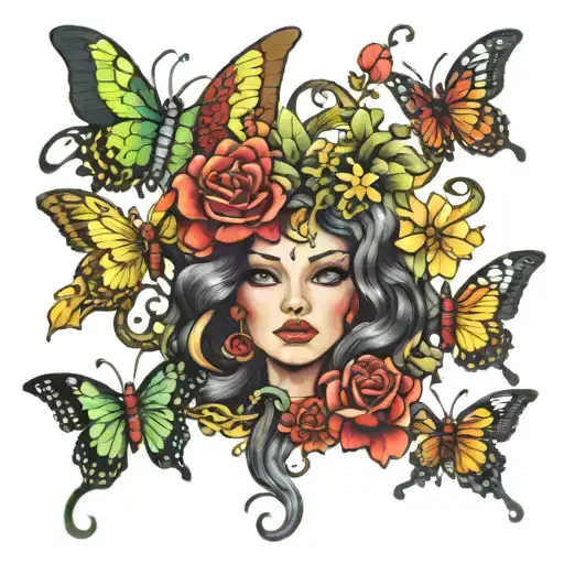 Medusa butterflies snakes and gems scattered tattoo design idea