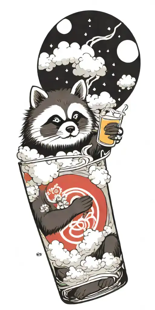 good fortune tanuki drinking soju sitting in the clouds wearing a kasa tattoo design idea
