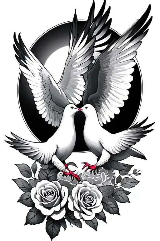 2 doves kissing one of the doves should be flying upside down, behind the doves is the sun and clouds as well as roses tattoo design idea