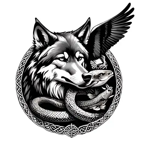 Celtic style wolf side view with snake in a circle with carp and small falcon  tattoo design idea
