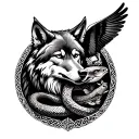 Celtic style wolf side view with snake in a circle with carp and small falcon  tattoo design idea