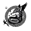 Celtic style wolf side view with snake in a circle with carp and small falcon  tattoo design idea