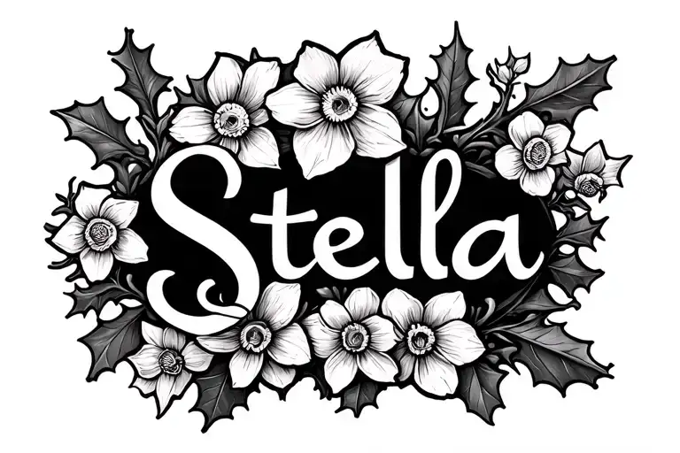 "Stella" narcissus flowers and holly flowers tattoo design idea