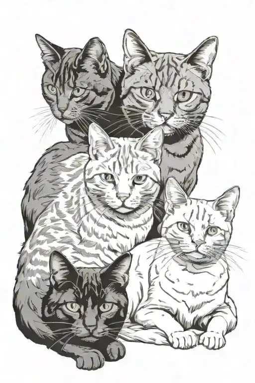 a ginger cat, a grey cat and a black cat one above the other with shaded background tattoo design idea