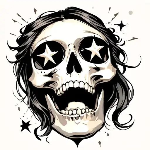 woman's skull with stars in eyes and coming out of mouth tattoo design idea
