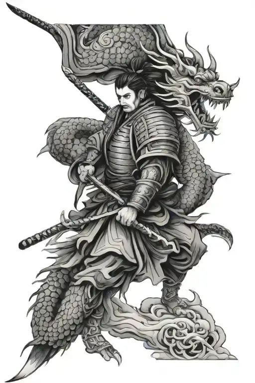 samurai and chinese dragon tattoo design idea