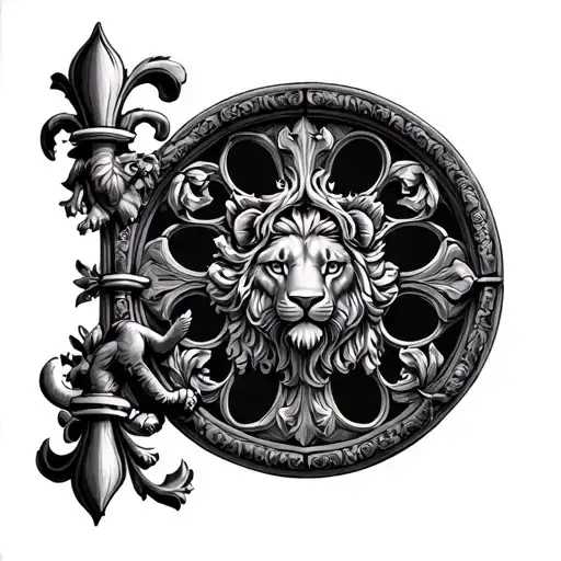 Rose Window with lion and fleur de lys tattoo design idea