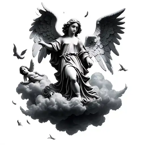 small falling angels floating on clouds stone statue style tattoo design idea