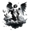 small falling angels floating on clouds stone statue style tattoo design idea