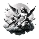 small falling angels floating on clouds stone statue style tattoo design idea