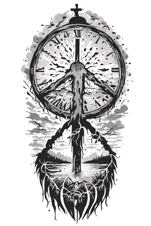 peace and lightining storm and time and nature tattoo design idea