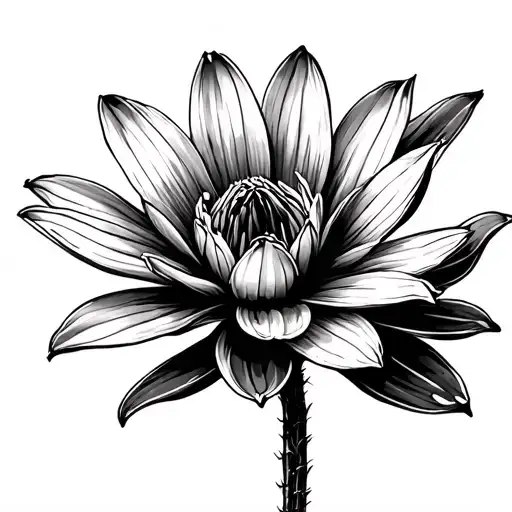 artistic black and white close-up of a cactus flower tattoo design idea