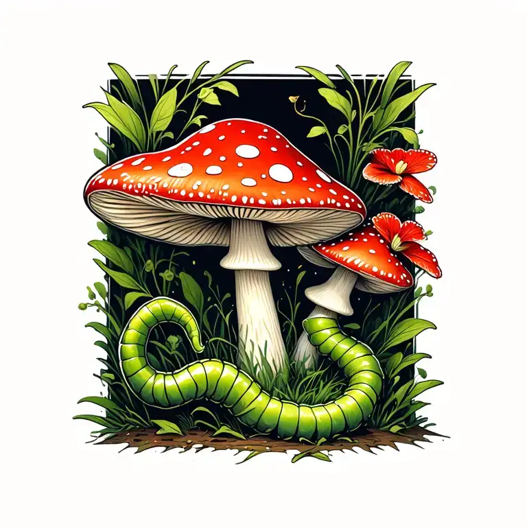 red and white mushroom with green inch worm crawling in front of mushroom tattoo design idea