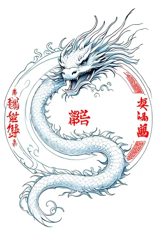 Make a tattoo that has Chinese symbols for strength love and beauty with a temple the moon and a dragon coming up  tattoo design idea