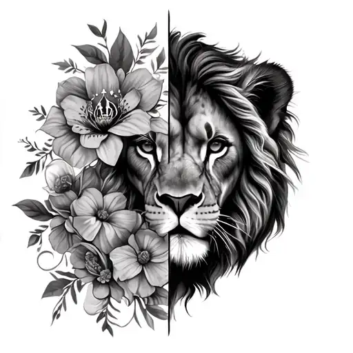 Half of the face of a lion, half the face of a lioness, 3 flowers and a little lion girl with a crown tattoo design idea