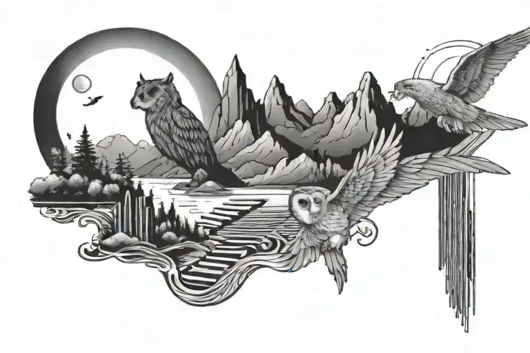 a river of piano keys going through mountains and a blue eger on the shore and a owl flying over with moon and stars  tattoo design idea