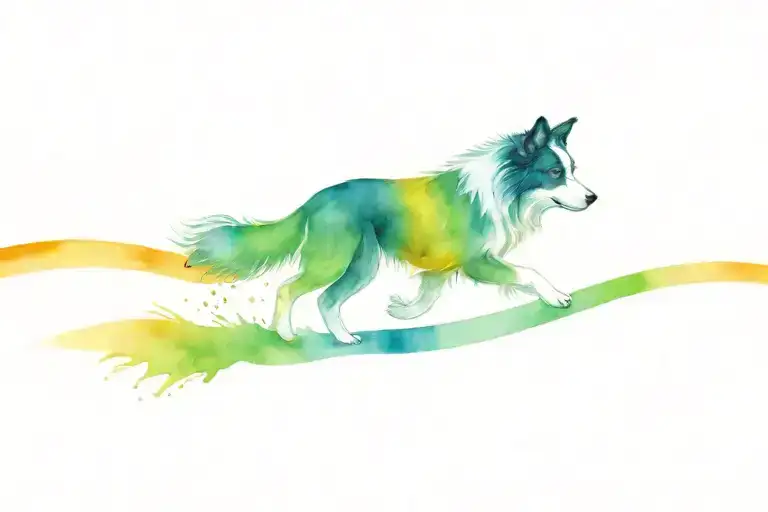 dog loss rainbow bridge with a border collie dog running across bridge tattoo design idea