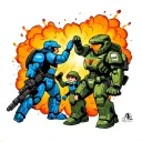 master chief with a smaller kid size blue master chief fist bumping with a big explosion behind them and dead grunts tattoo design idea