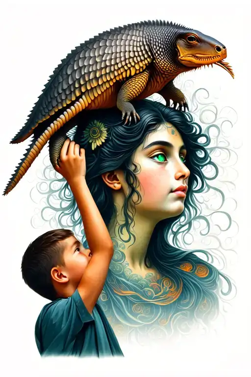 young boy holding a dead armadillo above his head looking up at a dark haired green eyed goddess in the sky tattoo design idea