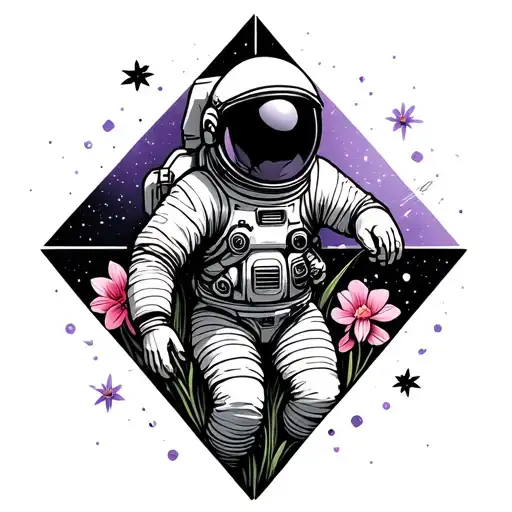 cosmonaut reaching in space with geometric shapes with purple cosmos and pink daffodils tattoo design idea