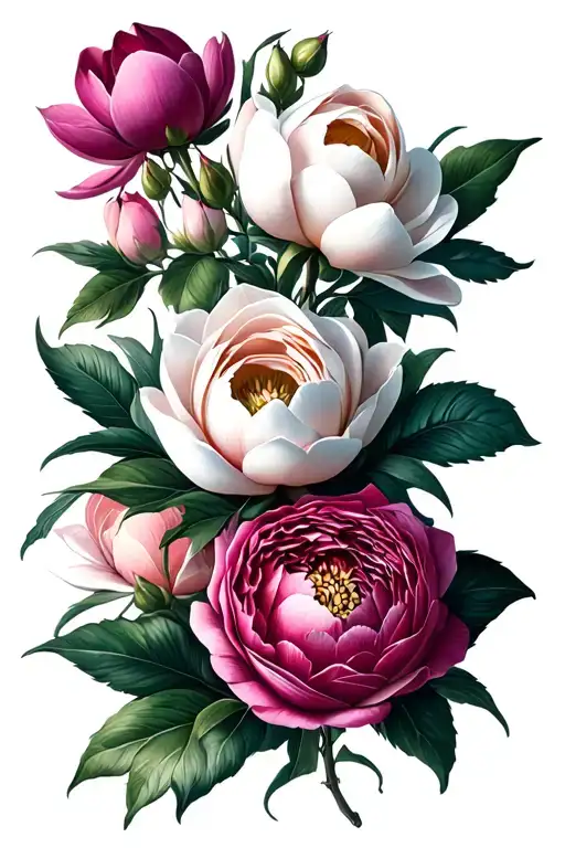 magnolia, peony, rose, and gardenia flowers tattoo design idea