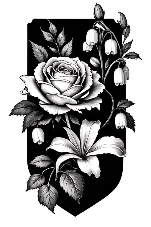 rose, peony, lily of the valley, hawthorn, violet flower tattoo design idea