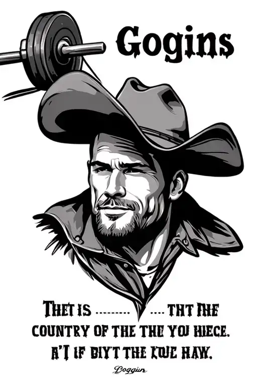 An inspirational quote from David Goggins with a barbell and cowboy hat, reflecting the client's admiration for Goggins and country music tattoo design idea